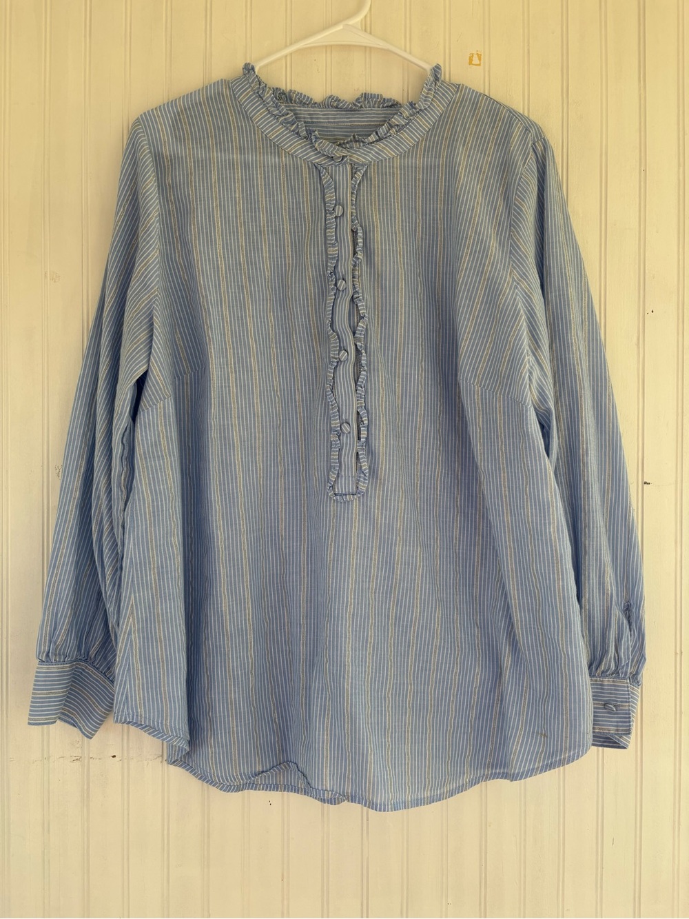 Talbots Women's Blue Gold Striped Ruffle Long Sleeve Popover Blouse Size 1X